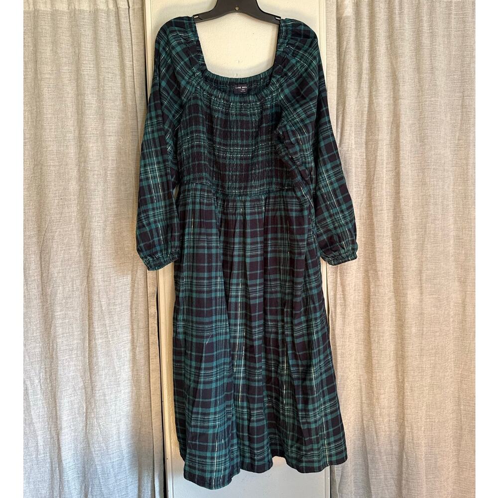 Lane Bryant Green & Black Plaid Smocked Dress | Gold Accents | Holiday Chic